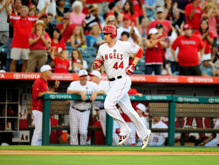 Angels' Mark Trumbo rounds home after hitting a home run in the bottom of the fourth against Cardinals Thursday at Anaheim Stadium.  – 6/02/13 – MICHAEL LOPEZ, ORANGE COUNTY REGISTER – 