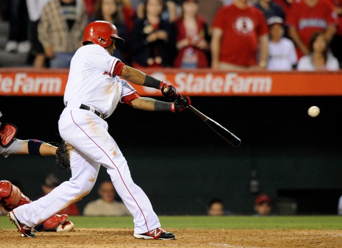 Angels' Alberto Callaspo hits the game winning RBI in the bottom of the 9th for the win against Cardinals Thursday at Anaheim Stadium.  – 6/02/13 – MICHAEL LOPEZ, ORANGE COUNTY REGISTER –  